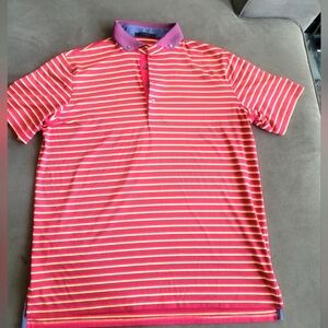 Mens Greyson Red/Yellow Strip Performance Button Down Collar Golf Polo Shirt  L